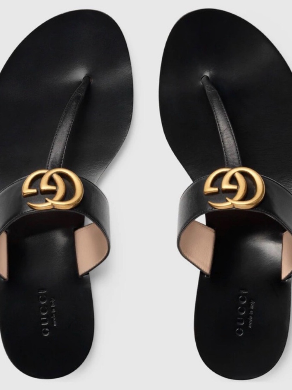 Gucci Black Leather Thong Sandals with Gold Double G
